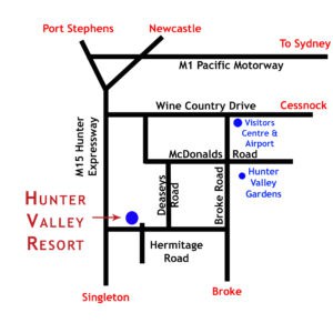Local Pokolbin map showing Hunter Valley Resort and Farm on Hermitage Road at Mistletoe Lane