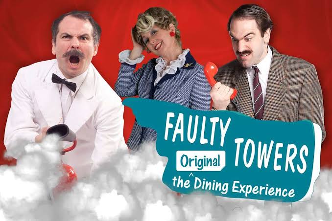 Faulty Towers Dining Experience promotional artwork featuring Basil, Sybil and Manuel