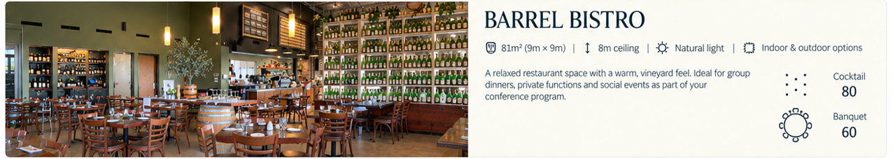 Barrel Bistro dining and function space at Hunter Valley Resort and Farm in Pokolbin