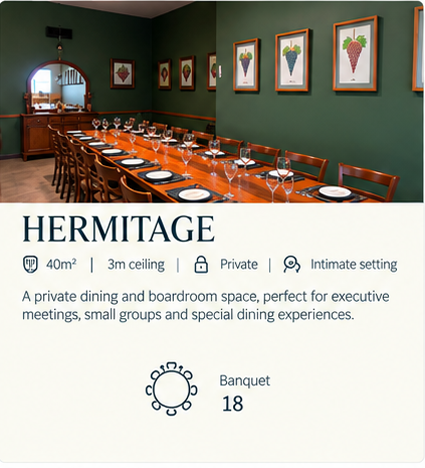 Hermitage private meeting and dining space at Hunter Valley Resort and Farm in Pokolbin